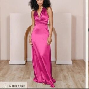 NWT Revelry Dylan Satin Dress Malibu Pink Petite maxi 41 in waist to hem size 0